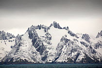 Rugged mountainous scenery in Drygalski fjord on the South East tip of South Georgia, Southern Ocean. February 2014