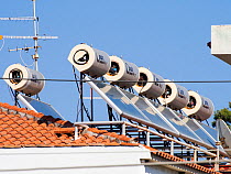 Solar thermal panels for heating water in Skala Eresou on Lesvos, Greece. June 2013