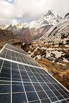 Solar photo voltaic panels powering a Guest house at Annapurna Base Camp in the Himalayas, Nepal. December 2012
