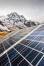 Solar photo voltaic panels powering a Guest house at Annapurna Base Camp in the Himalayas, Nepal. December 2012