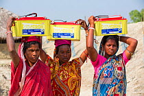 Women collecting solar charged batteries from  WWF project to supply electricity to a remote island in the Sunderbans, Ganges Delta, India. December 2013