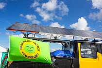 Truck with solar panels attached at a protest against fracking at a farm site at Little Plumpton near Blackpool, Lancashire, UK, where the council for the first time in the UK, has granted planning pe...