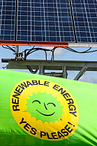 Truck with solar panels attached at a protest against fracking at a farm site at Little Plumpton near Blackpool, Lancashire, UK, August 2014