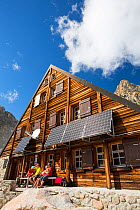 Solar panels on the Cabanne D' Orny in the Swiss Alps, providing electricity for this off grid mountain hut at over 10,000 feet. Switzerland, August 2014