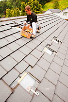 A techinician fitting roof brackets to a house roof in Ambleside, Cumbria, UK, to support solar photo voltaic panels. August 2011