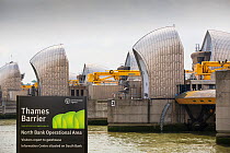 The Thames barrier on the River Thames in London. It was constructed to protect the capital city from storm surge flooding. England, UK, June 2014