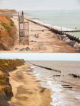 Composite shot showing coastal erosion at Happisburgh, Norfolk, UK. The first shot taken in 2010 shows the steps leading to the beach, the second shot taken in 2015 shows the two concrete blocks that...