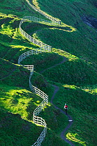 Winding fence and the South West Coast Path near Port Isaac,  Cornwall, England, UK. October 2007