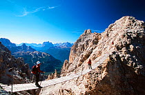 Mountaineer on a via ferrata bridge in the Italian Dolomites, Italy.