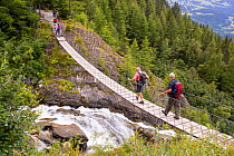 Walkers on the Tour Du Mont Blanc cross a suspension bridge across the meltwater river from the Bionnassay glacier; France. August 2014