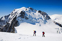 Climbers nearing the summit of the 4000 metre peak of Mont Blanc Du Tacul above Chamonix, France. September 2007