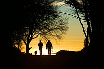Walkers silhouhetted  on a country lane near Troutbeck, Lake District, England, UK. November 2005