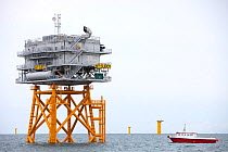 Transformer substation that connects all the electric cable from each turbine, before sending the electricity ashore. The Walney Offshore Windfarm project, Barrow in Furness, Cumbria, England, UK.  Ju...