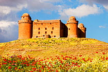 La Calahorra Castle in La Calahorra with spring flowers,  at the foot of the Sierra Nevada mountains in Andalucia, Spain.