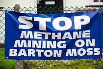 'Stop Methane Mining on Barton Moss' sign on Chat Moss peat bog, to protest planning permission for fracking and coal bed methane mining, Manchester, England, UK. November 2013.
