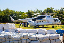 Russian Mi8 helicopter used by the United Nations, World Food Program to deliver food aid to areas of Malawi still cut off by the by the January 2015 flooding around Makhanga and Bangula, Malawi, Marc...