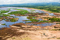 Aerial view of land flooded by the January 2015 floods with washed away road, near Makhanga, Malawi, March 2015.