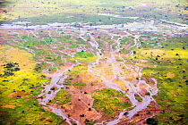 Aerial view of flooded farmland around Makhanga, which two months after the January 2015 floods, is still cut off after rail and road connections which were washed away. Malawi, March 2015.