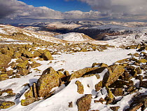 View towards the Helvellyn Range over Glaramara from Great End , Lake District, Cumbria, England, UK. March 2013.
