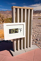 Thermometer at the Furnace Creek Visitor Centre in Death Valley. Death Valley is the lowest, hottest, driest place in the USA, with an average annual rainfall of around 2 inches, some years it does no...