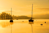Sunrise over sailing boats on Lake Windermere in Ambleside, Lake District, England, UK. December 2014.