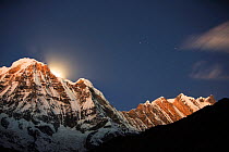 Night sky over Annapurna South and Annapurna Fang, with a glow from the moon setting behind the peak. Annapurna Sanctuary, Himalayas, Nepal, December 2012.
