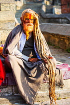 Sadhu or Hindu holy man in Kathmandu, Nepal. Sadhus are men who have renounced all material attachments to concentrate on their spirituality. January 2013.