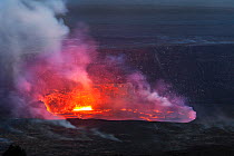 Lava glowing in the Halema'uma'u Crater viewed from the Jaggar Museum in Volcanoes National Park, Hawaii. December 2016.