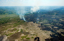 Aerial view of natural wildfires in the Okavango Delta, UNESCO World Heritage Site,  Botswana. January 2018,