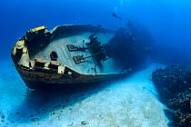 Bow of the USS Kittiwake wreck (US Military submarine rescue vessel) with diver. Seven Mile Beach, Grand Cayman, Cayman Islands, British West Indies. Caribbean Sea.