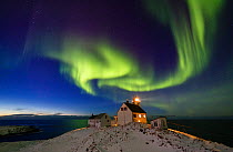 Aurora borealis over Hornoya lighthouse. Hornoya is the easternmost point in Norway. March