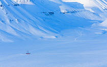 Sailboat 'Norderlicht' left to be frozen into the sea ice as tourist attraction. Tempelfjoden, Svalbard, Norway. April