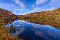Llyn Dinas with view west to Moel Lefn. Nant Gwynant valley, Beddgelert, Snowdonia National Park, North Wales, UK. November 2017.