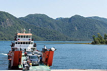 Ferry that links the Huahum Pass and border control in Argentina with Puerto Fue (Port Fue), Pirihueco Lake, Chile. January 2017.