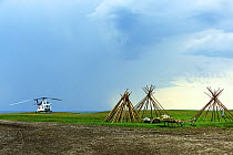 Helicopter landed near Nenet camp, Nenets Autonomous Okrug, Arctic, Russia, July 2017.