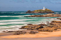 Godrevy Beach with Godrevy Lighthouse in background, St Ives Bay, Cornwall, England, UK. September 2017.