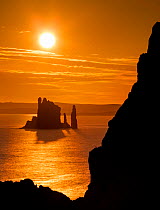 The Drongs sea stacks silhouetted at sunset, Hillswick, Northmavine, Shetland, Shetland Isles, Scotland, UK. August 2014.