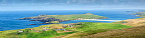 Shetland coastline with tombolo connecting to St Ninian's Isle, Shetland Isles, Scotland, UK. August 2014.