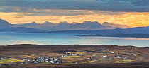 Village of Staffin with view across the Sound of Raasay. Trottenish Peninsula, Isle of Skye, Inner Hebrides, Scotland, UK. January 2014.