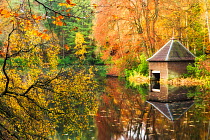 Boat hut on lochshore, Faskally Forest, Pitlochry, Perthshire, Scotland, UK. October 2014.