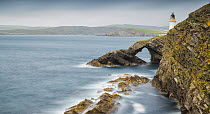 Sea arch and lighthouse, Bressay with Lerwick in background, Shetland Islands, Scotland, UK. July, 2014.