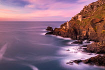 RF - The Crowns Engine House, Botallack, sunset and high tide, Poldark Country, West Cornwall, UK. November 2017. (This image may be licensed either as rights managed or royalty free.)