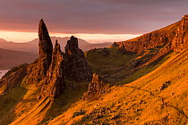 The Old Man of Storr, golden early morning light, the Trotternish peninsula, Isle of Skye, Scotland, UK. November 2017.