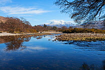 View across the River Scaddle Inverscalle with Ben Nevis beyond Loch Linnhe, Argyll and Bute, Highland, Scotland, March 2017