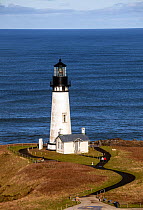 Yaquina Head Lighthouse in Oregon Outstanding Natural Area in Yaquina Head State Park. Oregon, USA. March 2018.