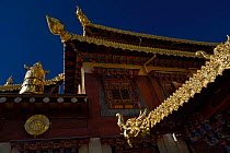 Roof decoration of the Tibetan Lamaistic Buddhist Songtsam Monastery, Shangri-La or Xianggelila,  Zhongdian County, Yunnan, China. April 2018.