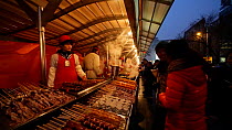 Street food vendor selling kebabs, Donghuamen Night Market, Wangfujing, Dongcheng District, Beijing, China, February 2015. Hellier