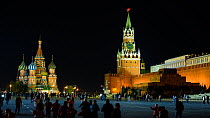 Timelapse of tourists visiting Red Square, Saint Basil's Cathedral and the Kremlin at night, Moscow, Russia, May 2016. Hellier