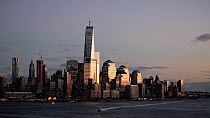 Wide angle shot of Lower Manhattan ast dusk, including the One World Trade Centre skyscraper, New York, USA, June 2016. Hellier