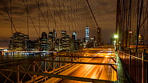 Timelapse of traffic crossing Brooklyn Bridge at night, New York, USA, June 2016. Hellier